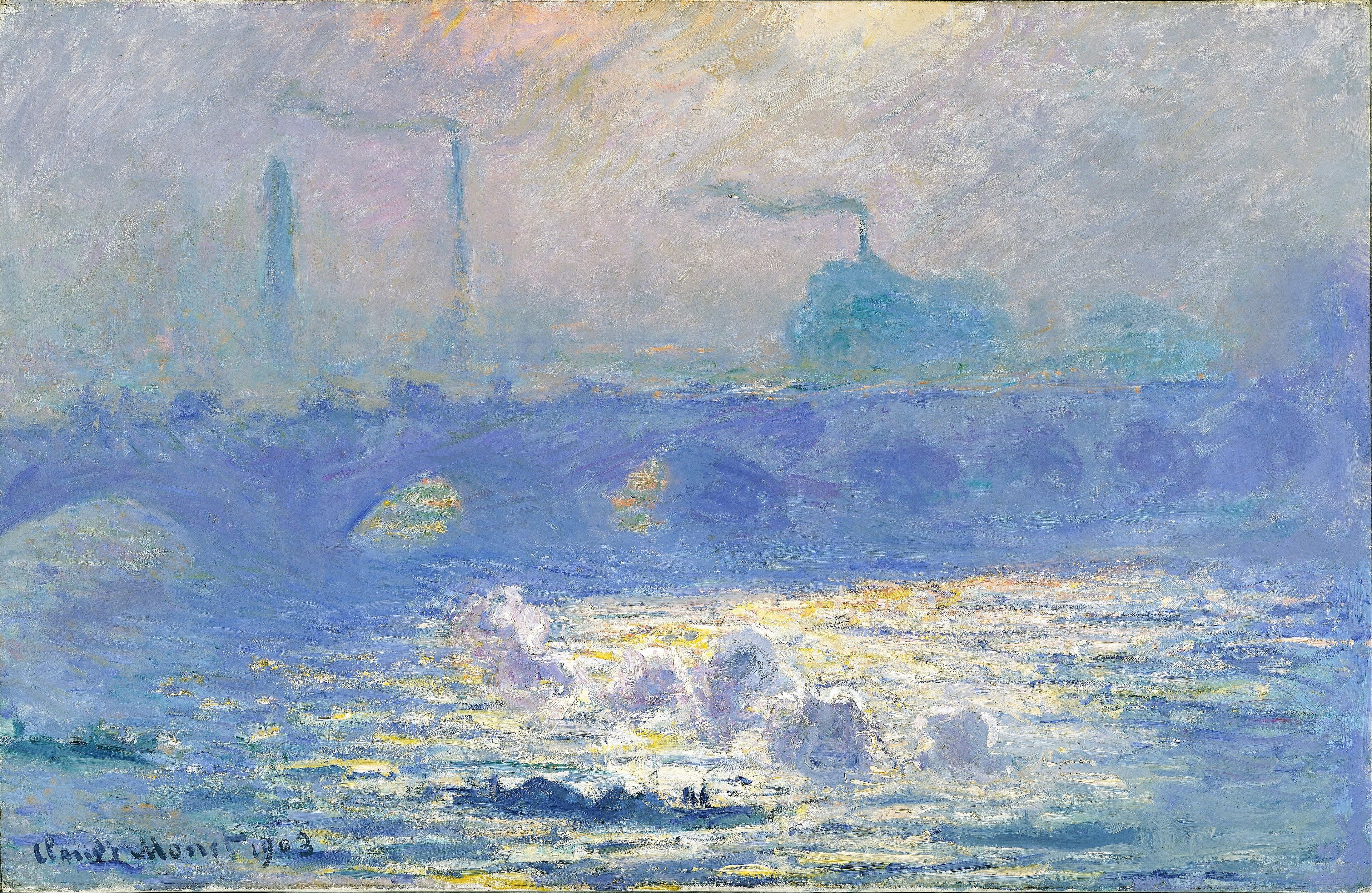 White plumes of steam rise from a river glittering yellow below a blue-violet bridge, smoking chimneys faint in lilac haze — Claude Monet, Waterloo Bridge, Sunlight Effect, 1903