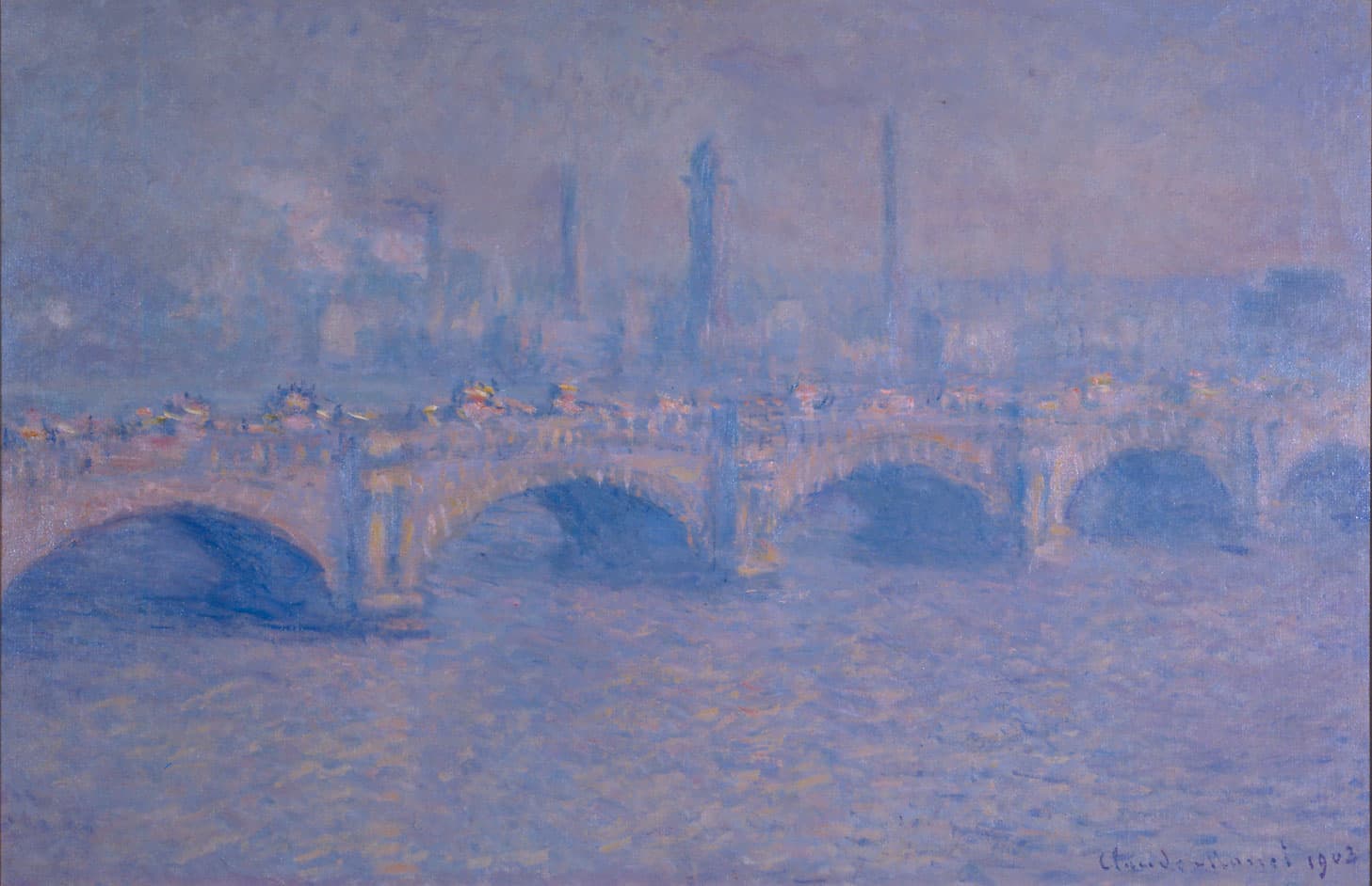 The arches of a long stone bridge cross a pinkish-blue river under a lilac haze, factory chimneys faint behind — Claude Monet, Waterloo Bridge, Sunlight Effect, 1903