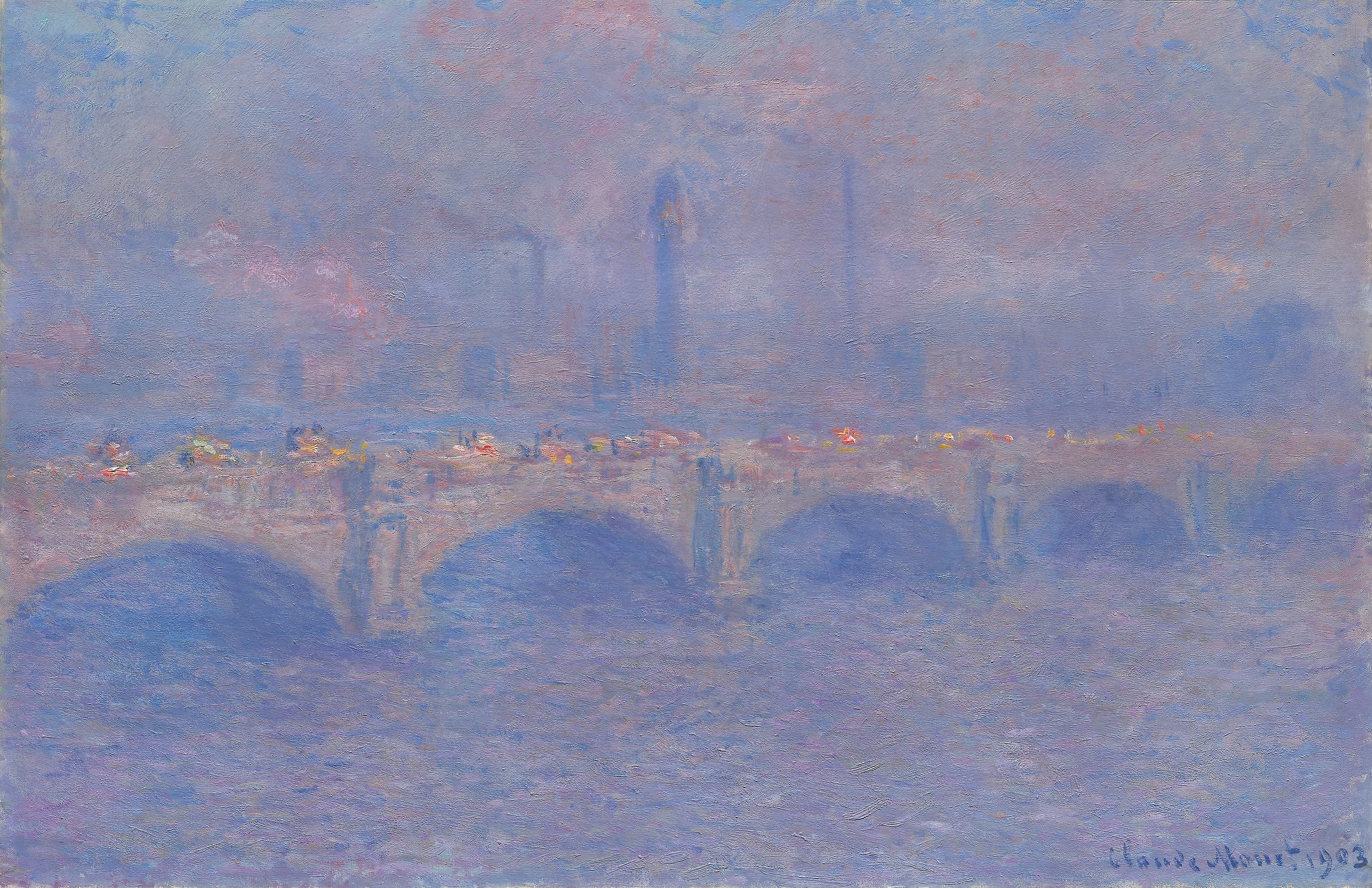 A blue-violet bridge with cream highlights and tiny orange flecks of traffic in bright lilac haze over a lavender river — Claude Monet, Waterloo Bridge, Sunlight Effect, 1903