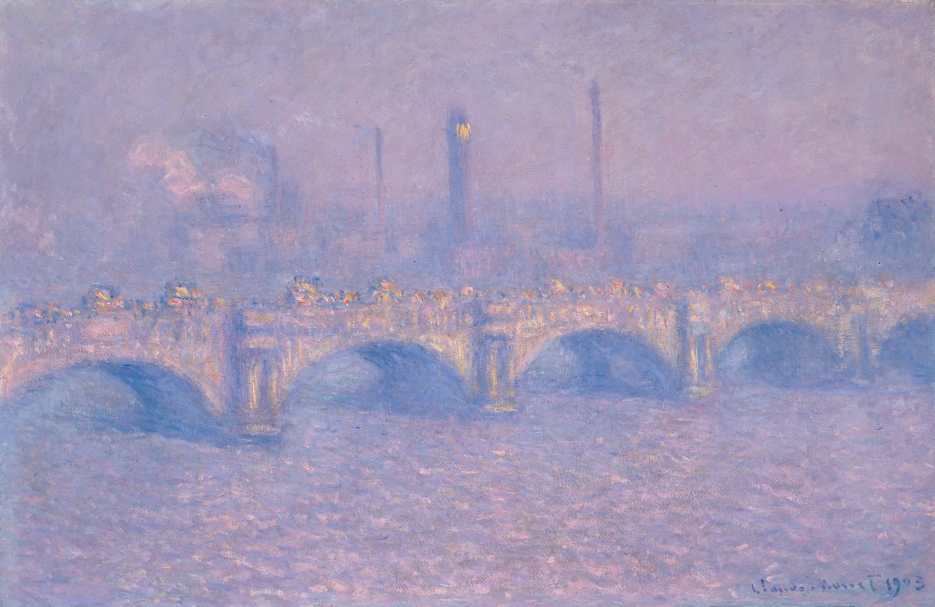 A pale lilac stone bridge with blue arches crosses a pink-flecked river, chimneys and a tower faint in violet haze behind — Claude Monet, Waterloo Bridge, Veiled Sun, 1903