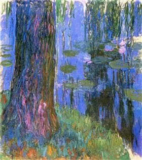 A thick blue and violet willow trunk rises on the left beside blue water with lily pads, pink flowers and hanging green fronds — Claude Monet, Weeping Willow and the Water-Lily Pond, c. 1916–19