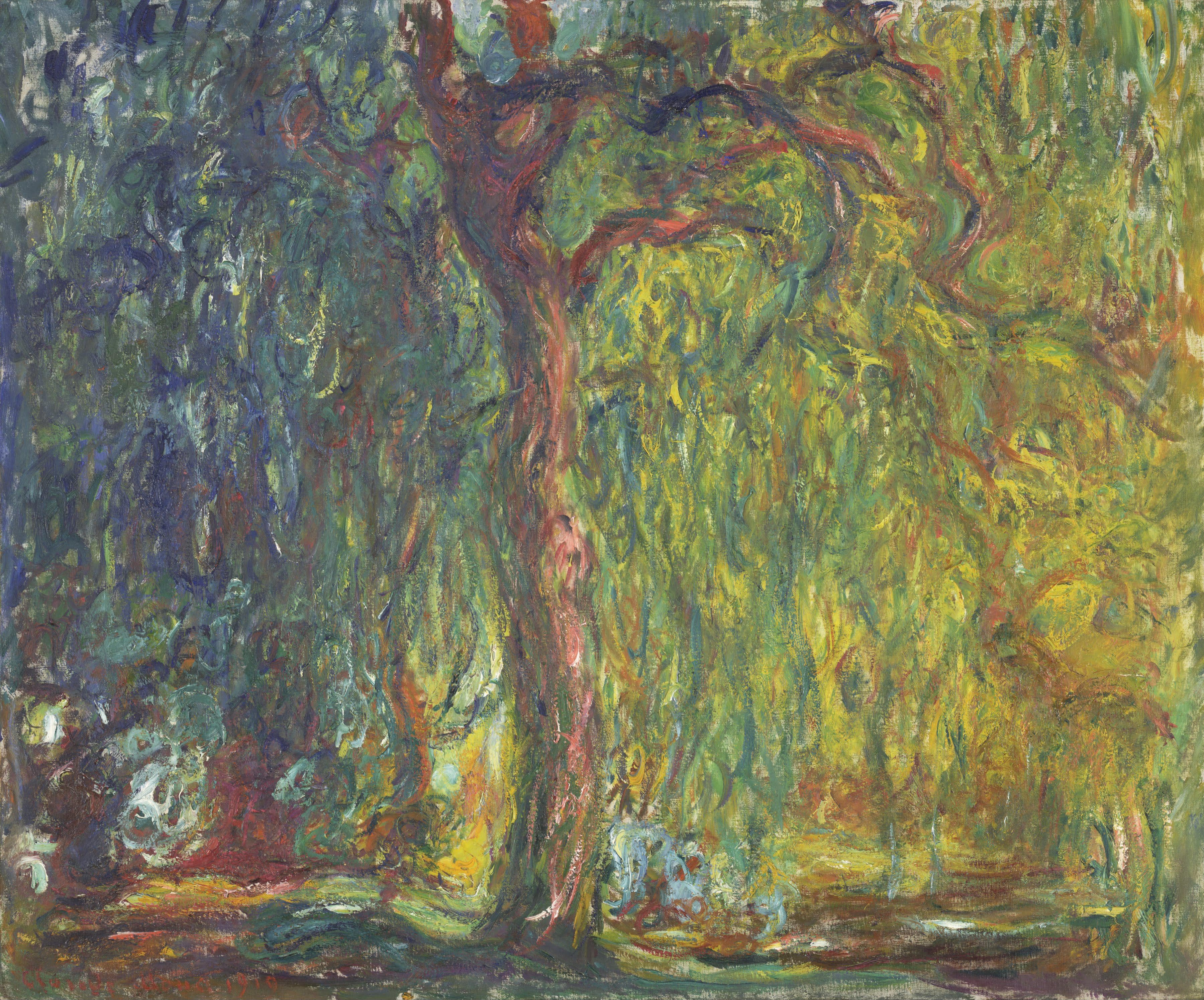 A twisting rust-red willow trunk rises through a curtain of hanging yellow-green and blue fronds that fill the whole canvas — Claude Monet, Weeping Willow, 1918–19