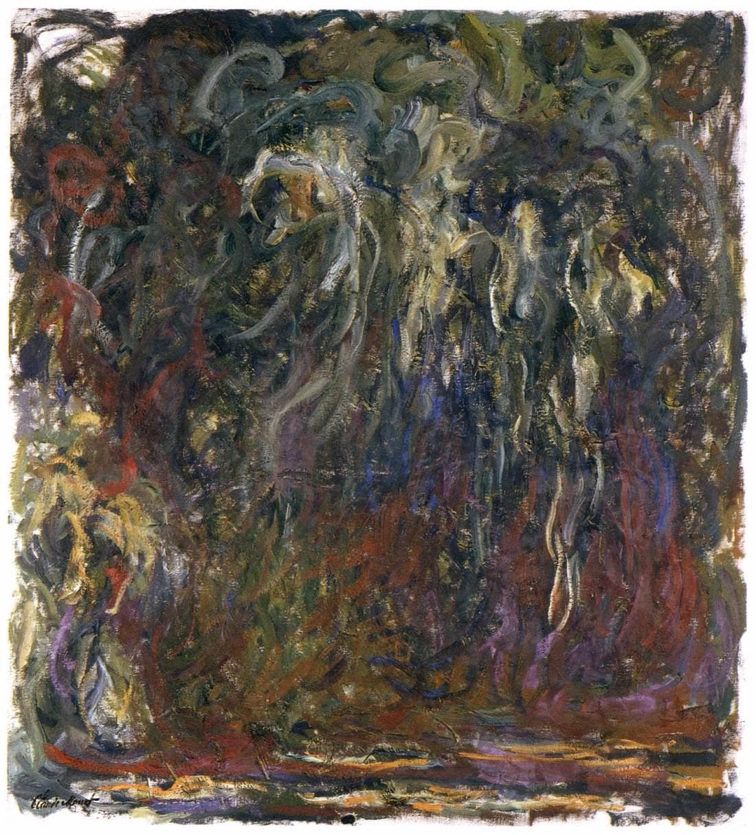 Long pale fronds of a weeping willow fall through dark swirls of violet, red and green above a thin band of pond water — Claude Monet, Weeping Willow, 1920–22