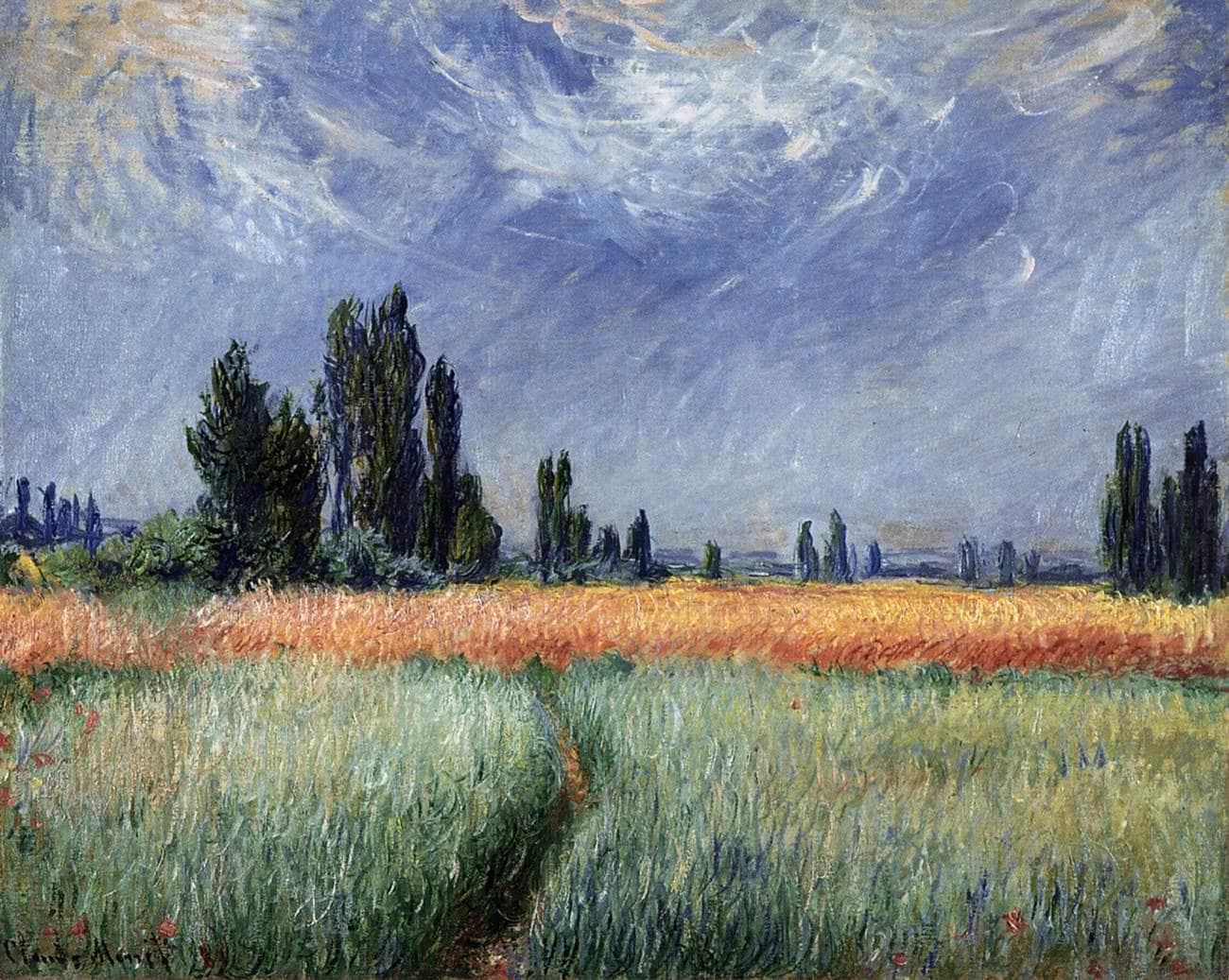 A path leads into a field of green wheat, with a band of golden ripening wheat and poplars beneath a blue sky swept with white clouds — Claude Monet, Wheat Field, 1881