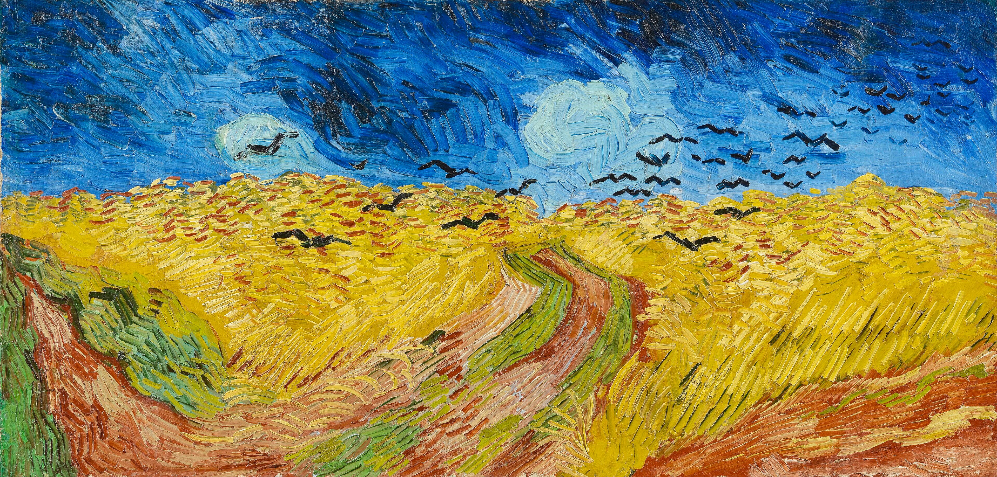 Black crows fly low over a wind-tossed golden wheat field under a dark, stormy blue sky, with three paths cutting through the wheat — Vincent van Gogh, Wheatfield with Crows, July 1890