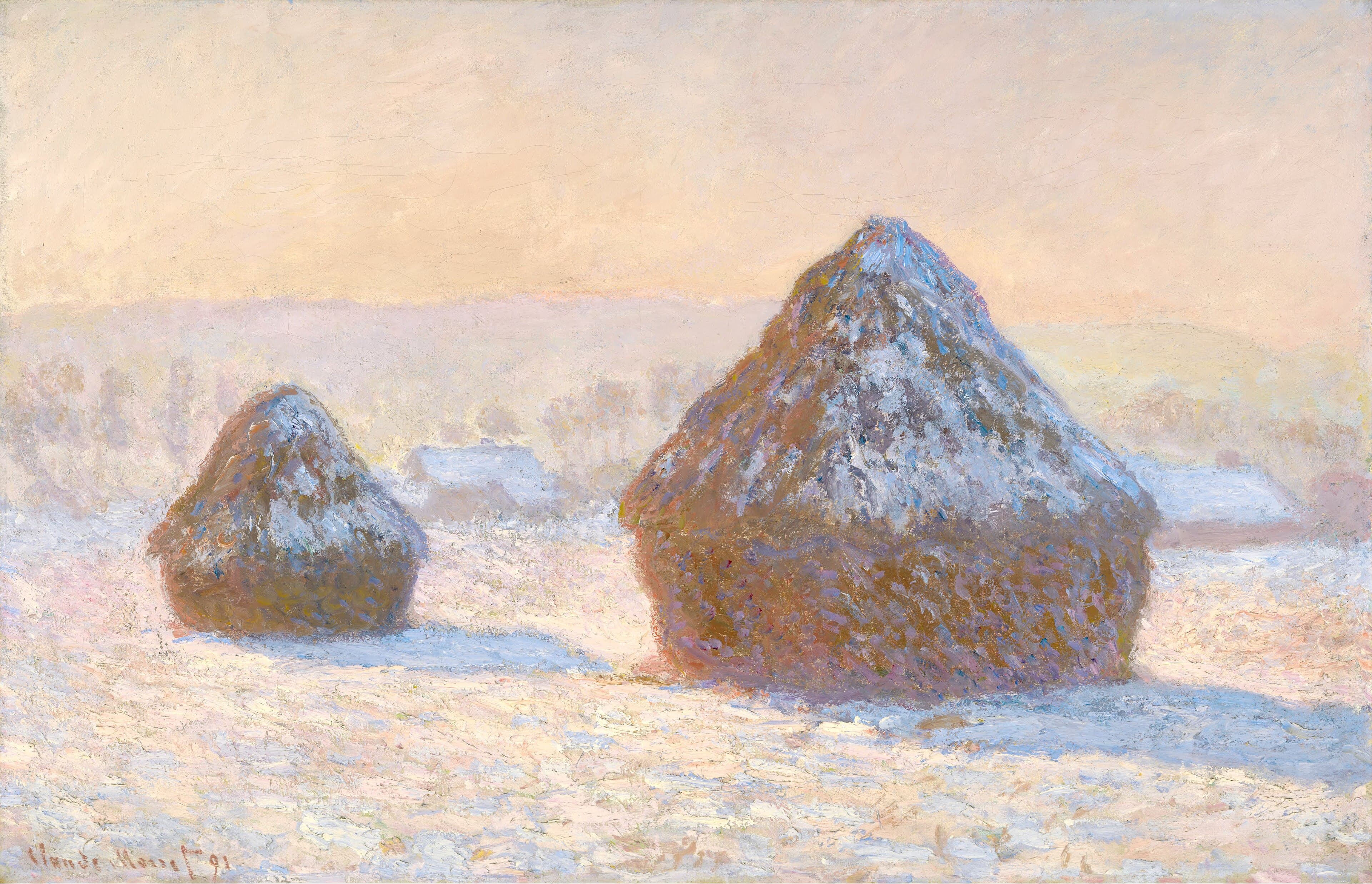 Two dark wheat stacks with snowy caps stand in a white field before misty farm buildings under a peach morning sky — Claude Monet, Wheatstacks, Snow Effect, Morning, 1891