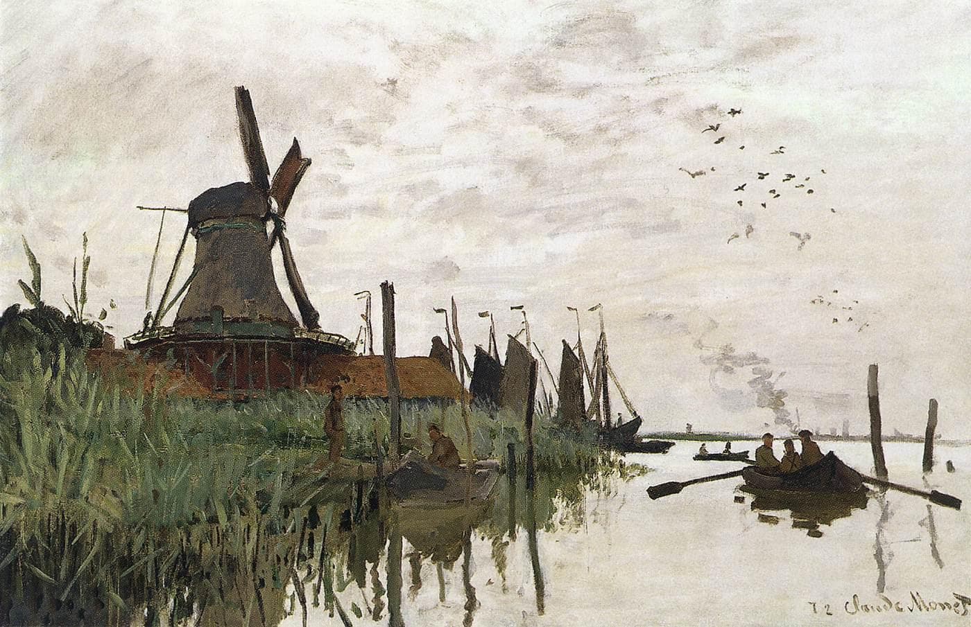A wooden windmill stands above reeds beside a river with moored sailing barges and a rowing boat under a pale sky with birds — Claude Monet, Windmill and Boats near Zaandam, 1871
