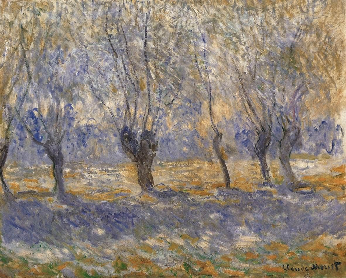 A row of pollarded willows with thin branches rising into golden haze casts long blue shadows across a meadow — Claude Monet, Willows at Giverny, 1886