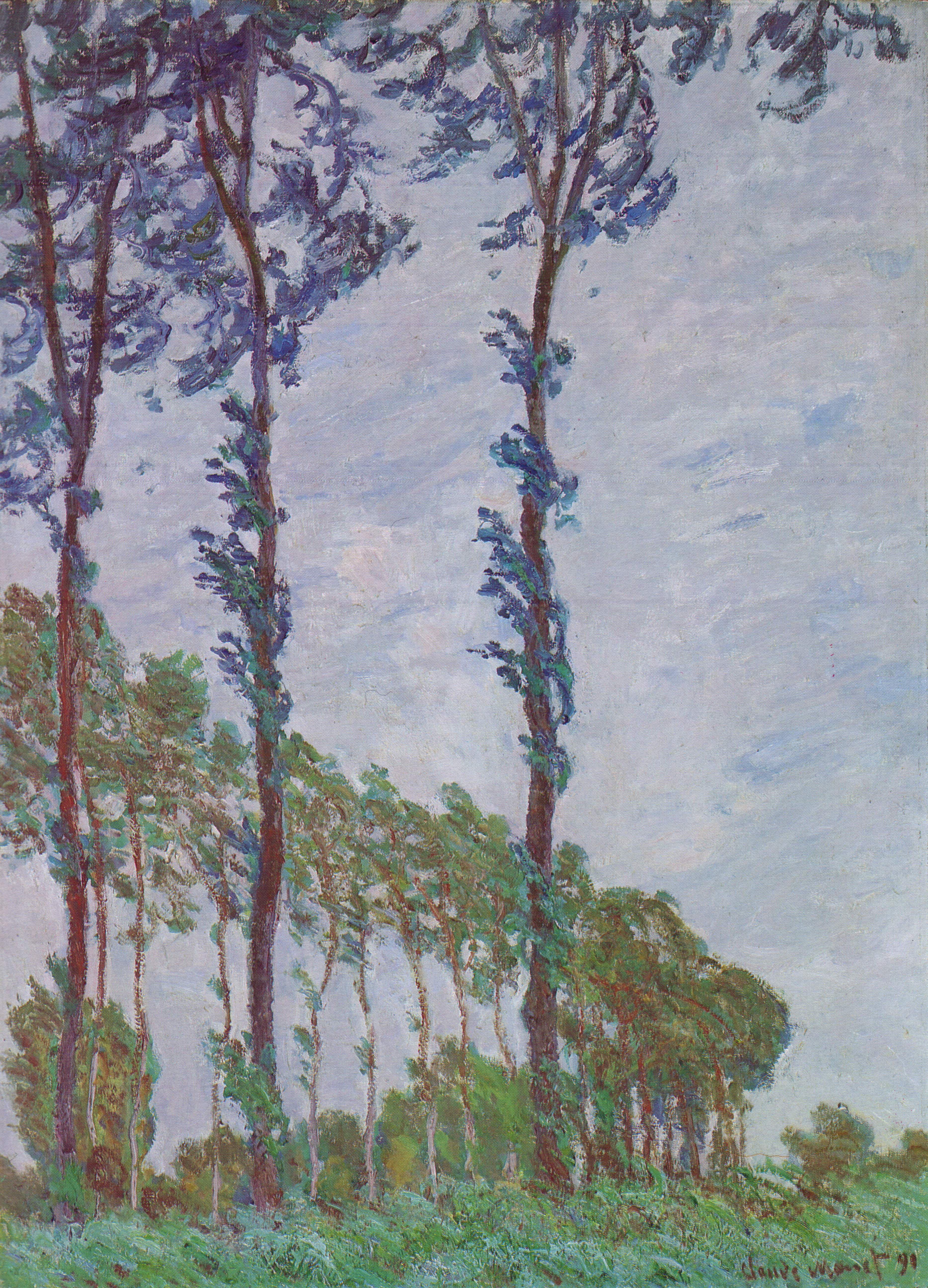 Three tall poplar trunks rise against a pale lilac sky, a row of younger trees behind them bent to the right by the wind — Claude Monet, Wind Effect, Series of The Poplars, 1891