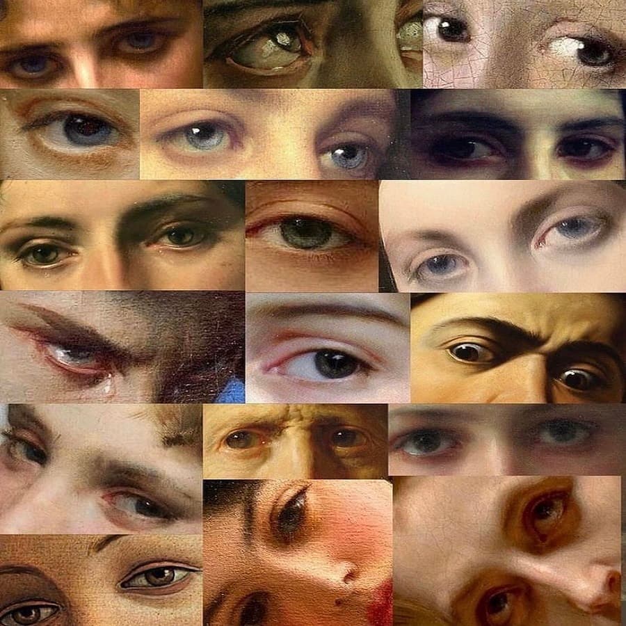 A grid of close-up painted eyes cropped from historical portraits, with varied skin tones, iris colors and expressions — Windows to the Soul, collage of details from paintings