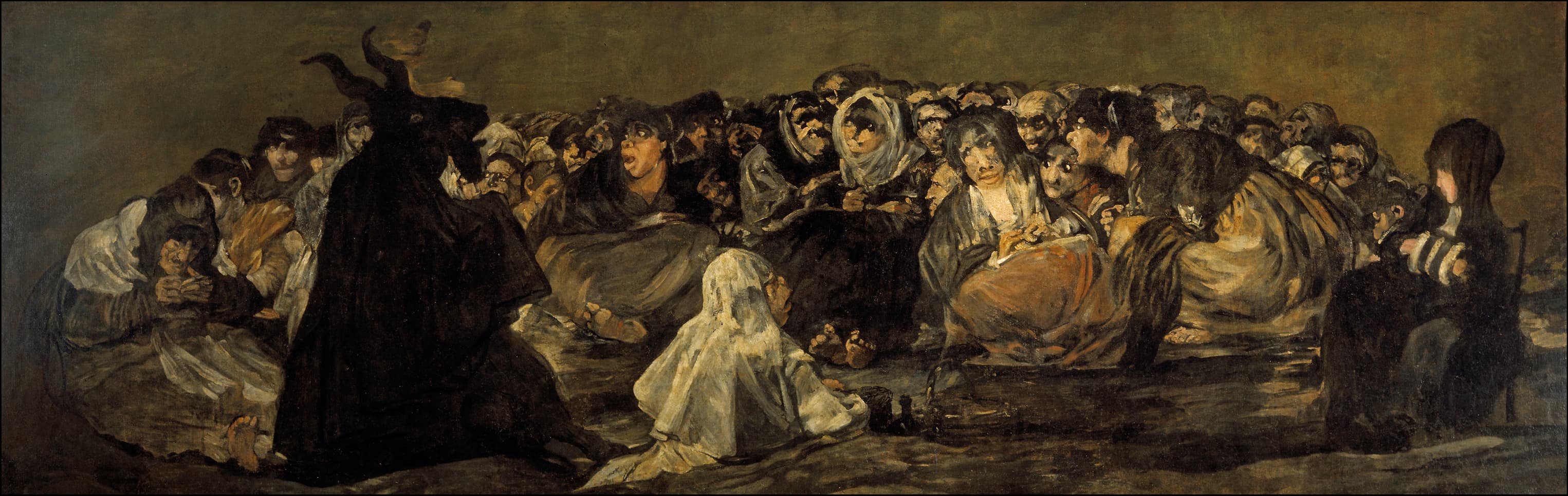 A black goat-headed figure in a habit, seen from behind, addresses a dense crowd of wide-eyed women seated on the ground at night — Francisco Goya, Witches' Sabbath (The Great He-Goat), c. 1819–1823