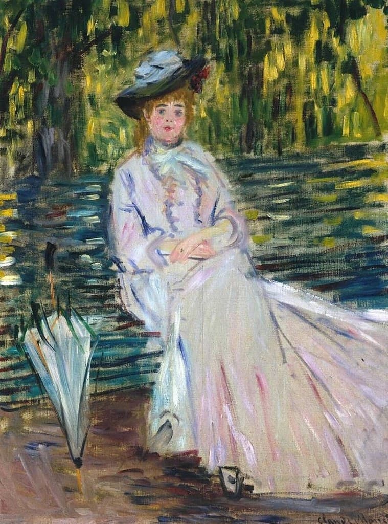 A young woman in a pale pink-white dress and dark hat sits on a bench with a closed parasol beside her, against streaks of green and yellow foliage — Claude Monet, Woman Seated on a Bench, c. 1874