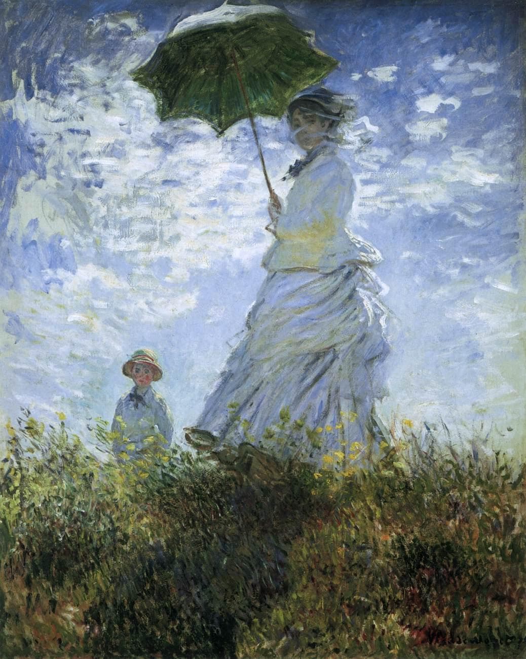 A woman in a white dress holds a green parasol on a grassy rise against a blue, cloud-streaked sky while a small boy stands behind the hill — Claude Monet, Woman with a Parasol – Madame Monet and Her Son, 1875