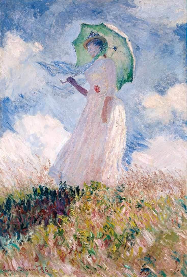 A young woman in a white dress holds a green parasol on a grassy rise, her scarf blowing left against a blue and white sky — Claude Monet, Woman with a Parasol, Facing Left, 1886
