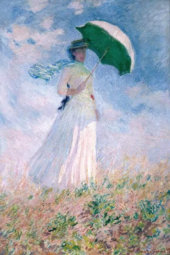 A young woman in a white dress and straw hat tilts a green parasol in a windy meadow, her scarf blowing behind her against a pale sky — Claude Monet, Woman with a Parasol, Facing Right, 1886