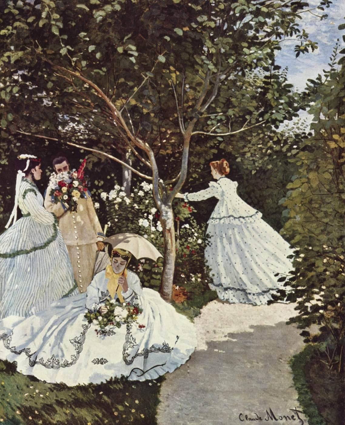 Four women in white and striped summer dresses gather in a sunlit garden, one seated under a parasol and one reaching for a branch — Claude Monet, Women in the Garden, 1866–67