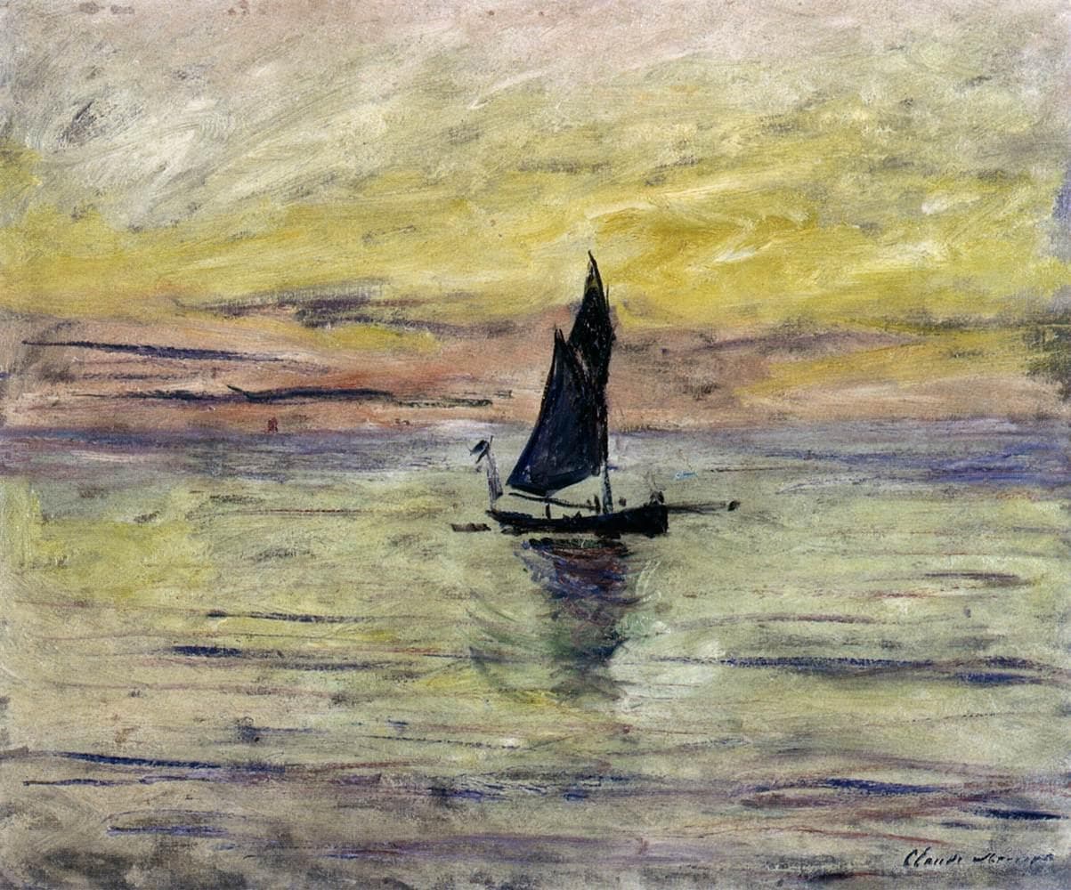A single dark sailboat floats on a calm sea under a yellow and green evening sky, its reflection beneath it — Claude Monet, Sailboat, Evening Effect, 1885