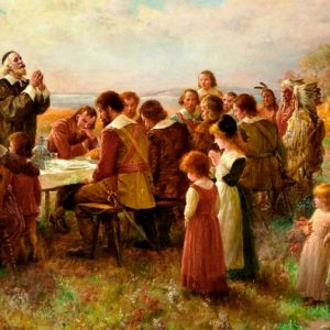 The First Thanksgiving - Jennie Augusta Brownscombe - 1914 - USA | Thanksgiving and the History of Black Friday | Academia Aesthetics