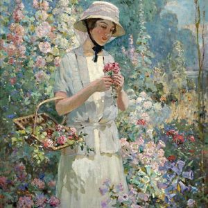Woman with Flower Basket is a notable example of Abbott Fuller Graves mastery of the Impressionist style and ability to portray beauty in natural settings | Academia Aesthetics